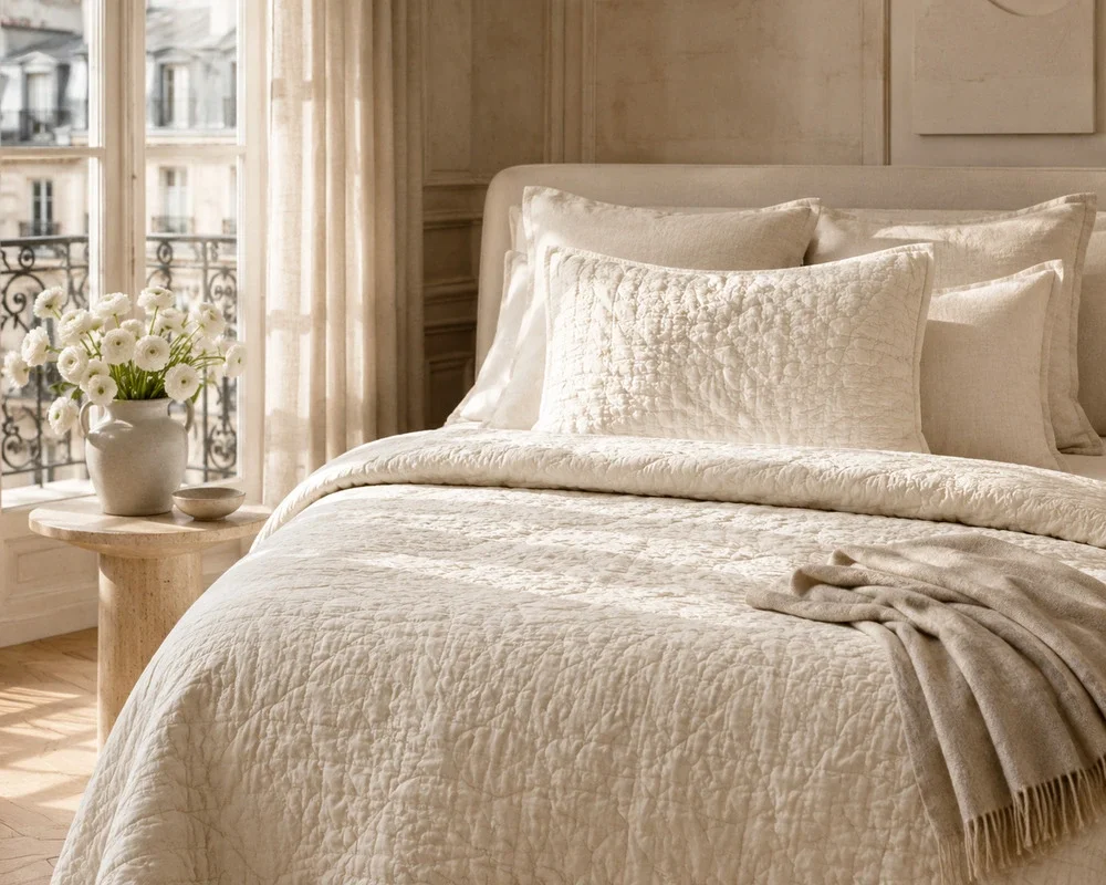 Pottery Barn Washed Velvet Quilt + Standard Sham Ivory Full Queen Cotton Velvet